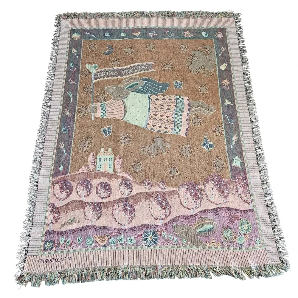 Coco Dowley Garden Angel Woven Tapestry Throw Blanket Bunny Rabbit Folk Art Blue